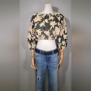 Zara Floral 3/4 Puff Sleeve Crop Top, Size Medium